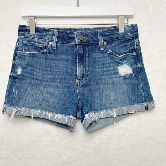 PAIGE Jimmy Jimmy Mid Rise Denim Jean Shorts Blue Cut Off Cuffed Raw‎ Hem Sz 27 - Picture 3 of 12